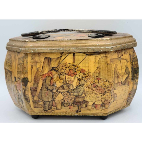 Vtg 1970s Artist Anton Pieck European Decoupage Wooden Box Red Velvet Lining - Picture 13 of 16